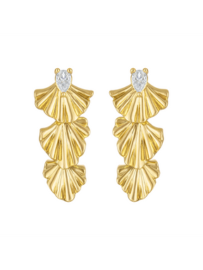 Kinsey Designs’ Drew Drop Fan Earrings feature three layered, fan-shaped segments with a teardrop-shaped white stone at the top, bringing elegant style to any look.