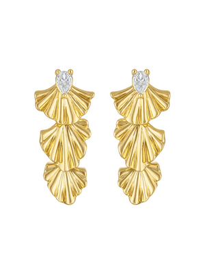 Kinsey Designs’ Drew Drop Fan Earrings feature three layered, fan-shaped segments with a teardrop-shaped white stone at the top, bringing elegant style to any look.